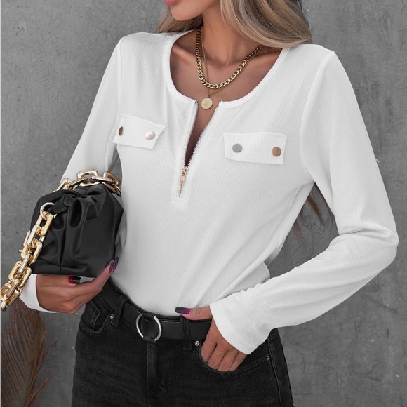 White Ribbed Zipper Long Sleeved Top - Picture 9 of 9